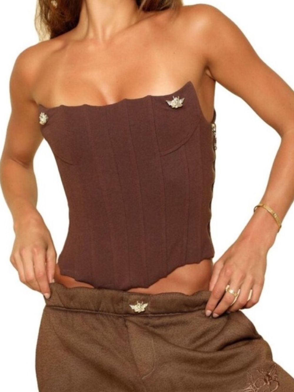 Boys Lie Chocolate Strapless Corset Top with Gold Accent M